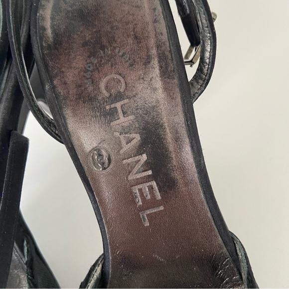Chanel Black Mesh And Satin CC Open Toe Ankle Strap Heeled Sandals - Picture 13 of 16